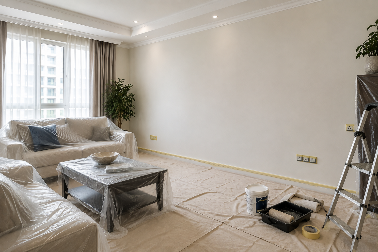 Interior painting preparation in Dubai with protected furniture, floor covering, ladder and painting tools