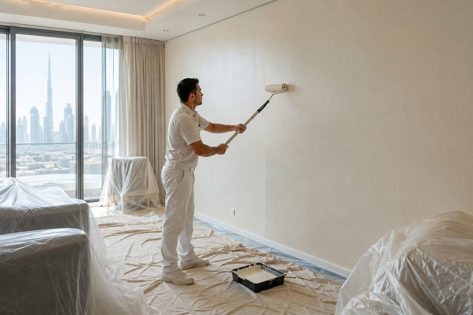Professional painter preparing cracked apartment wall before painting