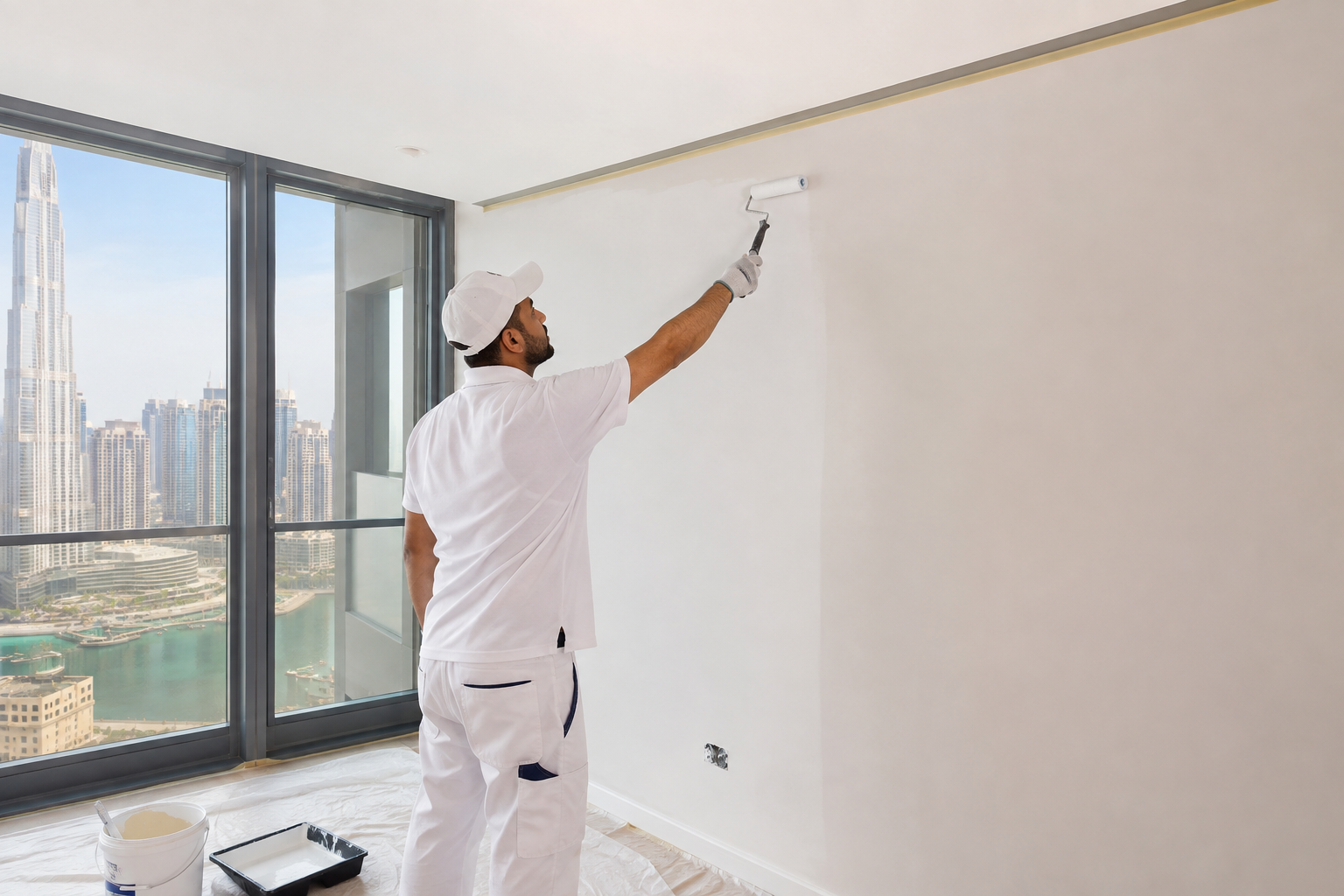 Painter applying precision finishing coat to apartment wall and ceiling