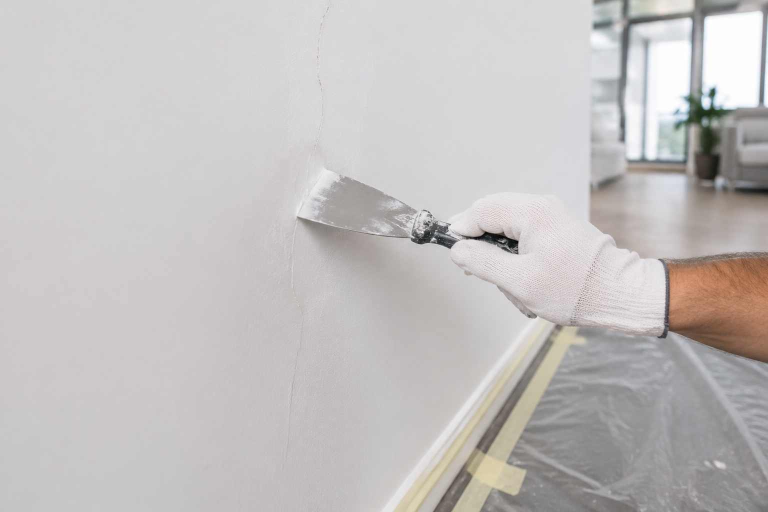 Professional painter protecting a furnished apartment while painting