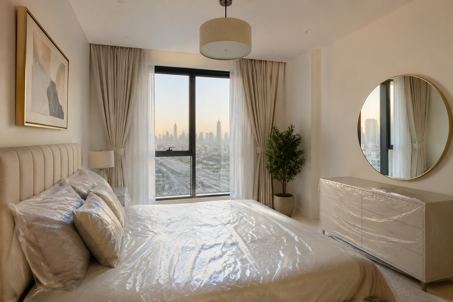 Freshly painted furnished Dubai apartment bedroom